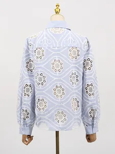 European style blue striped embroidered hollow-out shirt with elegant floral lace