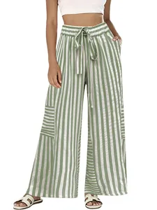 Detailed view of women's summer striped high waist wide leg pants in green and white