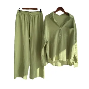 Women's two-piece cotton linen shirt and wide-leg pants set in olive green