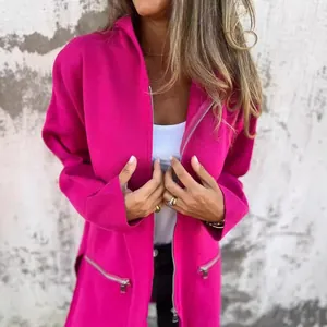 Trendy hot pink women's casual solid color zipper jacket for autumn and winter wear