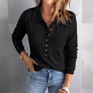 Haut en Tricot Nervuré à Manches Longues pour Femmes Revers Boutonnage Simple Ample Décontracté en Polyester Automne Hiver