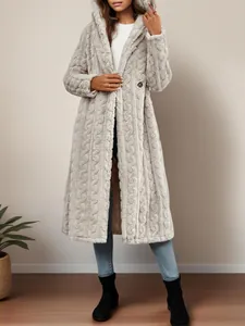 Full view of a stylish long grey hooded plush coat for autumn and winter fashion.