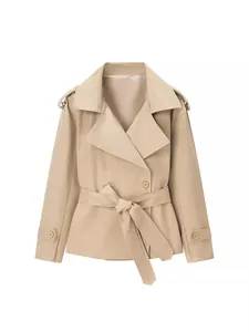 Classic short beige trench coat jacket with lapel collar and waist belt for women