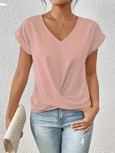 Elegant women's pink short sleeve V-neck top featuring a unique twisted hem detail