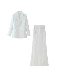 Elegant two-piece set featuring a tailored white blazer and a matching long lace maxi skirt