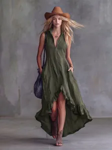 Retro olive green sleeveless maxi dress with ruffled hem and front zipper detail