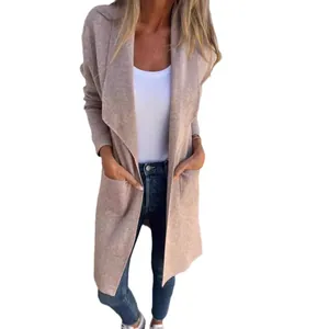 Elegant women's mid-length knit cardigan with lapels for autumn and winter style