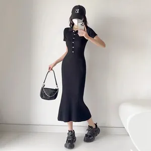 Elegant black short-sleeved Polo knit fishtail dress for summer minimalist fashion