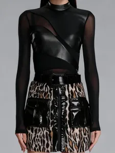 Top da Donna Sexy in Mesh Patchwork a Manica Lunga Vestibilità Aderente T-shirt Trasparente in Poliestere per Feste