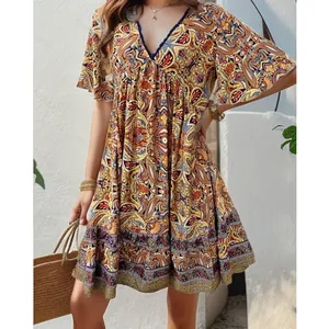 Damen V-Ausschnitt Paisley Print Kleid Sommer Lässig Kurzarm Boho Midi Kleid Urlaub Strand A-Linie Rüschenkleid