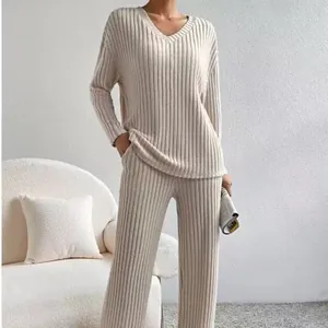 Completo Loungewear a Costine da Donna Scollo a V Manica Lunga Top E Pantaloni Dritti Casual Top E Bottom Outfits Casa