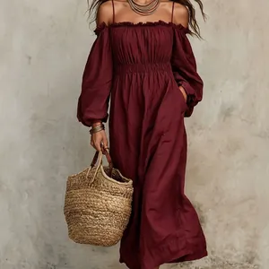 Women's Off-Shoulder Long Sleeve Suspender Pleated Maxi Dress Solid Color Loose Fit Casual Bohemian Resort Style Woven Polyester Dress
