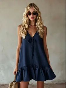 Navy blue V-neck sleeveless ruffle mini dress for summer vacation beach wear