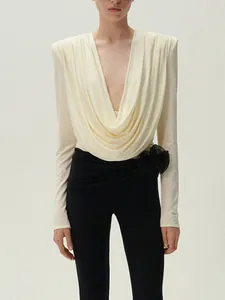 Chemisier Femme Col Bénitier Épaulettes Froncé Coupe Slim Manches Longues Minimaliste Mélange Coton Polyester