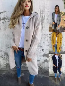 Cardigan in Maglia da Donna Media Lunghezza con Cappuccio Tinta Unita Monopetto con Grandi Tasche Misto Lana Acrilica