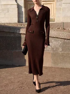 Elegant brown ribbed knit midi dress featuring a polo collar and ruffled sleeves detail.