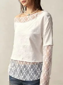 Detailed view of bohemian off-shoulder white T-shirt with intricate lace sleeve cuffs.