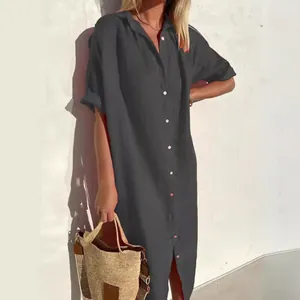 Elegant casual loose cotton linen button-down long maxi shirt dress for chic women