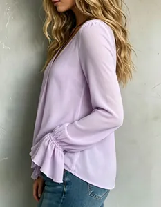 Elegant lavender V-neck blouse featuring stylish pleated ruffled cuffs and comfortable loose fit