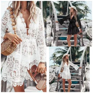 Women Sexy V Neck Lace Bikini Cover Up Flare Sleeve Hollow Out Beach Dress Summer Sheer Swimwear Vacation Dress