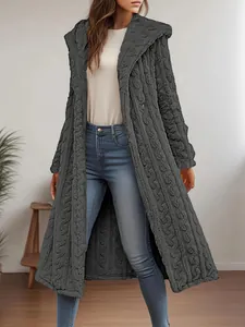 Elegant dark grey long hooded coat with textured faux fur for women's winter fashion.