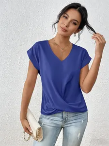 Elegant royal blue V-neck short sleeve T-shirt featuring a stylish front twist knot detail