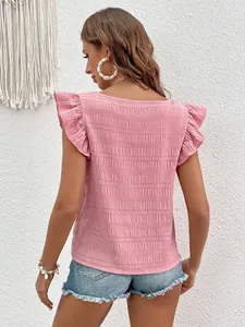 Detailed back view of a pink ruffle-sleeve square neck blouse featuring textured fabric.