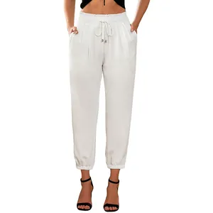 Elegant white high-waisted drawstring jogger pants for women, stylish casual trousers