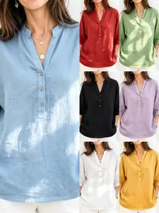 Camisa de Verano para Mujer Cuello en V Cuello Mao Manga 3/4 Blusa de Poliéster Efecto Lino Top Casual Vacaciones