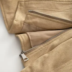 Close-up of metal zipper and smooth lining on a retro British style suede jacket