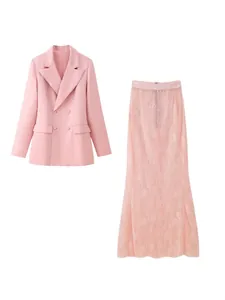 Elegant pink double-breasted notched lapel blazer and floral lace maxi skirt set