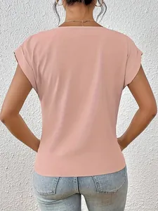 Detailed back view of an elegant pink short-sleeve summer blouse with cuffed sleeve