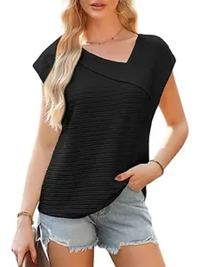 Dames Casual Asymmetrische Hals Effen Kleur Korte Mouw T-Shirt Zomer Los Geplooid Polyester Top