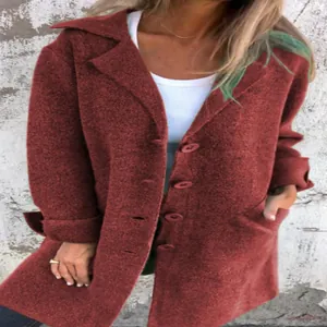 Close-up of a women's rust brown wool-like cardigan with single-breasted lapel design