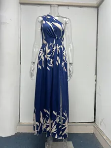Elegant one-shoulder blue and white floral maxi dress with high waist and side slit