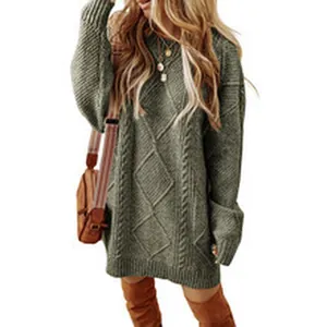 Detailed view of a casual olive green cable knit sweater dress for women for winter