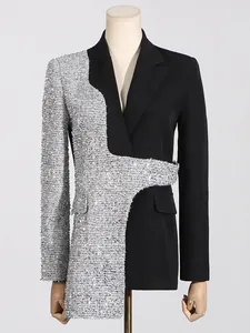 Stijlvolle zwarte en zilveren pailletten asymmetrische blazer jas voor modebewuste dames