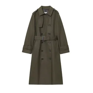 Trench-coat croisé vert olive élégant avec ceinture et tissu imperméable de qualité