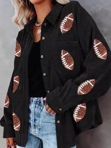 Schwarze Cordjacke für Damen mit Pailletten-Football-Patches für Herbst und Winter