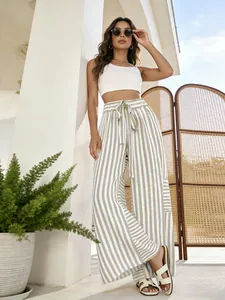 Women's summer striped wide-leg pants featuring a high-waisted drawstring waist design