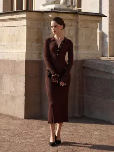 Elegant brown ribbed knit midi dress with polo collar and ruffle cuffs detail for women