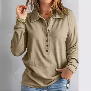 Haut polo décontracté en tricot côtelé kaki à manches longues pour femmes avec boutons