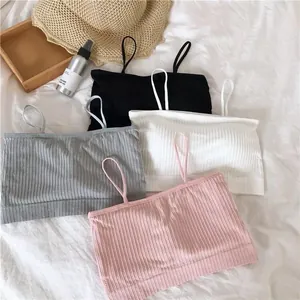 Comfortable seamless ribbed bandeau bras for women in pink, white, grey and black colors.