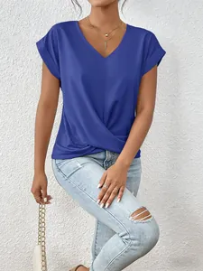 Elegant royal blue V-neck T-shirt with twist hem detail for women's summer style