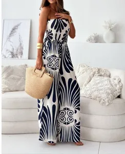 Combinaison bustier à jambes larges avec imprimé floral bleu marine et blanc élégant