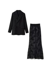 Elegant women's fitted black double-breasted blazer and matching long floral lace skirt set