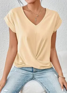 Close-up of elegant v-neck t-shirt featuring a unique twisted hem detail