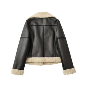 Back view of women's faux leather shearling aviator jacket with cream fleece trim.