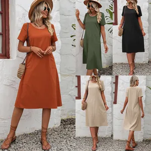 Robe Midi Décontractée en Polyester pour Femmes Col Rond Manches Courtes Couleur Unie Coupe Ample Robe de Vacances d'Été Avec Poches