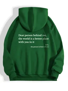 Detailed back view of a green fleece hoodie featuring white inspirational letter print